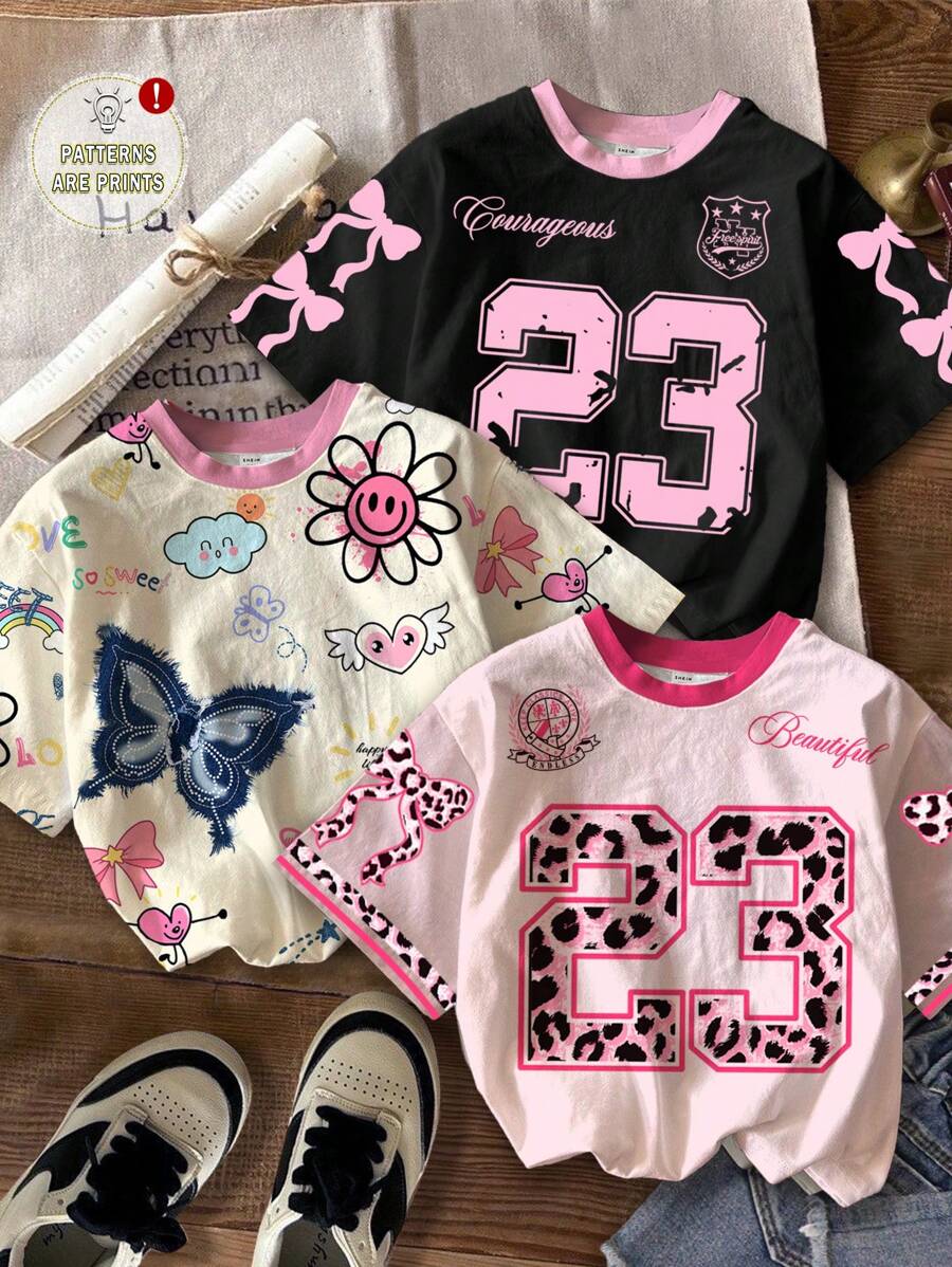3 件套青少年女孩休闲时尚蝴蝶结和字母 28 印花,甜美学院风;可爱的豹纹蝴蝶结印花;可爱的手绘蝴蝶结印花,短袖圆领 T 恤,适合夏季、休闲、春夏街头风格、基础款、舒适感、度假氛围、夏日幸福、度假童装、假日感觉、步入式风格、流行色彩、毕业准备、假日季节 - 彩色 - 查看 1