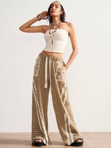 Bohemela Pantalones rectos casuales de mujer de tela escocesa trenzada - Caqui - Ver 7