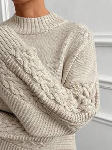 EURMUSE 女式纯色立领麻花针织细节袖落肩套头衫