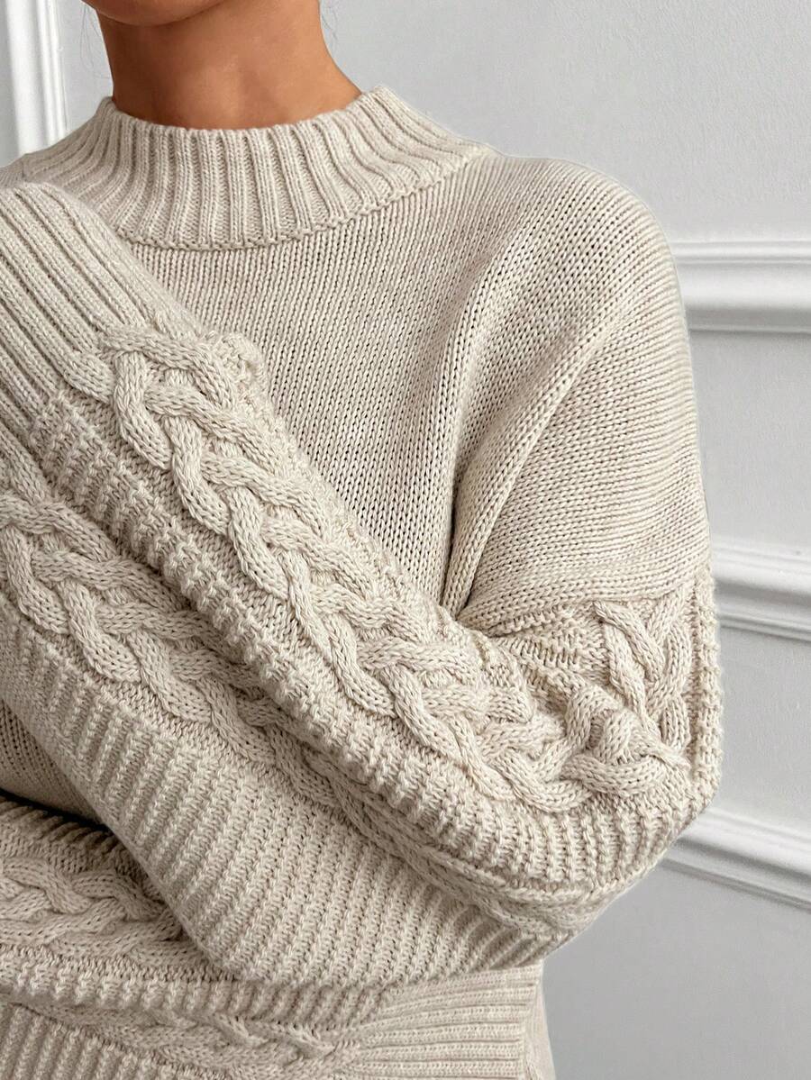 EURMUSE 女式纯色立领麻花针织细节袖落肩套头衫