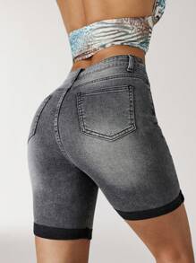 Jeanoix Shorts vaqueros ajustados de verano con bolsillo y ribete de color contrastante - Gris - Ver 2