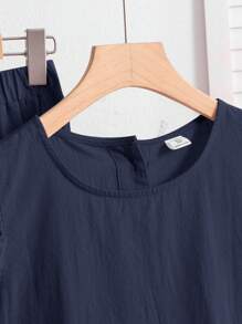 SHEIN Everyday Casual Navy Blue Two-Piece Set With Short Ruffle Sleeve Blouse And Pants - Navy Blue - View 5
