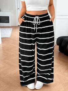Solflare Pantalones rectos de pierna ancha a rayas en blanco y negro de estilo casual para mujer de talla grande, pantalones de playa, pantalones de vestir casual, de vuelta al colegio - Negro - Ver 4