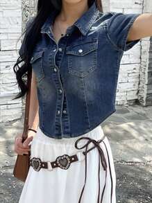 DAZY 马球领做旧毛边短袖牛仔上衣 - 深色水洗藍 - 查看 7