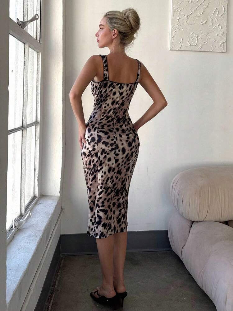 Leopard Print Spaghetti Strap Bodycon Dress For Women,Slim Fit Shapewear Sexy Summer Women Dresses Cruise Outfit For Women