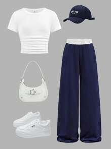 SHEIN 青少年女孩炫酷运动纯色短袖T恤和直筒运动裤套装 - 藏蓝色 - 查看 1