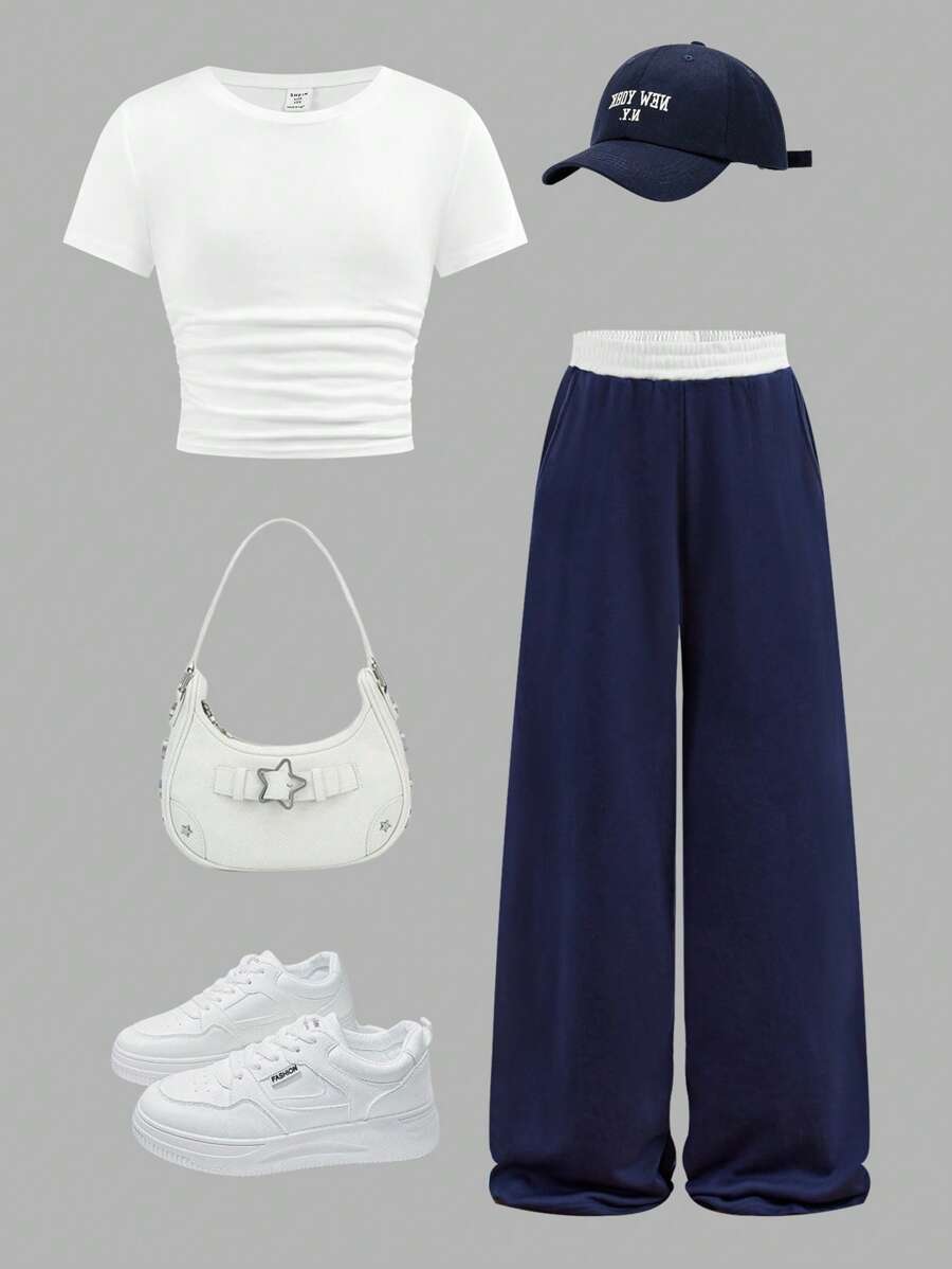 SHEIN 青少年女孩炫酷运动纯色短袖T恤和直筒运动裤套装 - 藏蓝色 - 查看 1