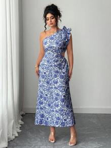 Elenzga 大码女式花卉印花优雅不对称肩部不对称连衣裙 - 彩色 - 查看 3