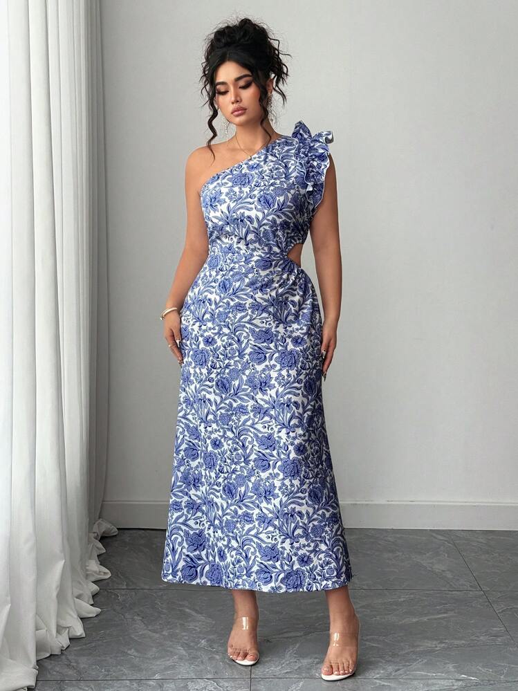 Elenzga Vestido asimétrico elegante con estampado floral para mujer talla grande - Multicolor - Añade 3