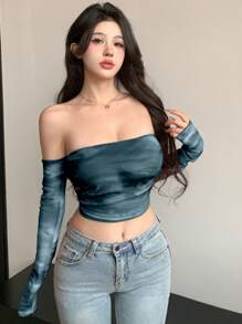 DAZY Áo thun nữ tay dài hở vai lưới nhuộm loang màu thời trang mùa hè - Xám - Xem 5