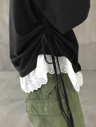 FRIFUL Women's Crewneck Dropped Shoulder Short Sleeve T-Shirt With Embroidered Lace Splice, Drawstring Hem, Loose & Casual Design, Slimming