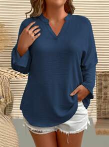 EMERY ROSE Plus Size Women Woven Solid Texture Deep V-Neck Drop Shoulder Long Sleeve Arc Hem Casual Loose Blouse, Spring/Summer Fall Cloth For Women - Navy Blue - View 3