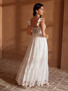 MOTF PREMIUM EYELET EMBROIDERY RUFFLE HEM DRESS - Beige - View 3