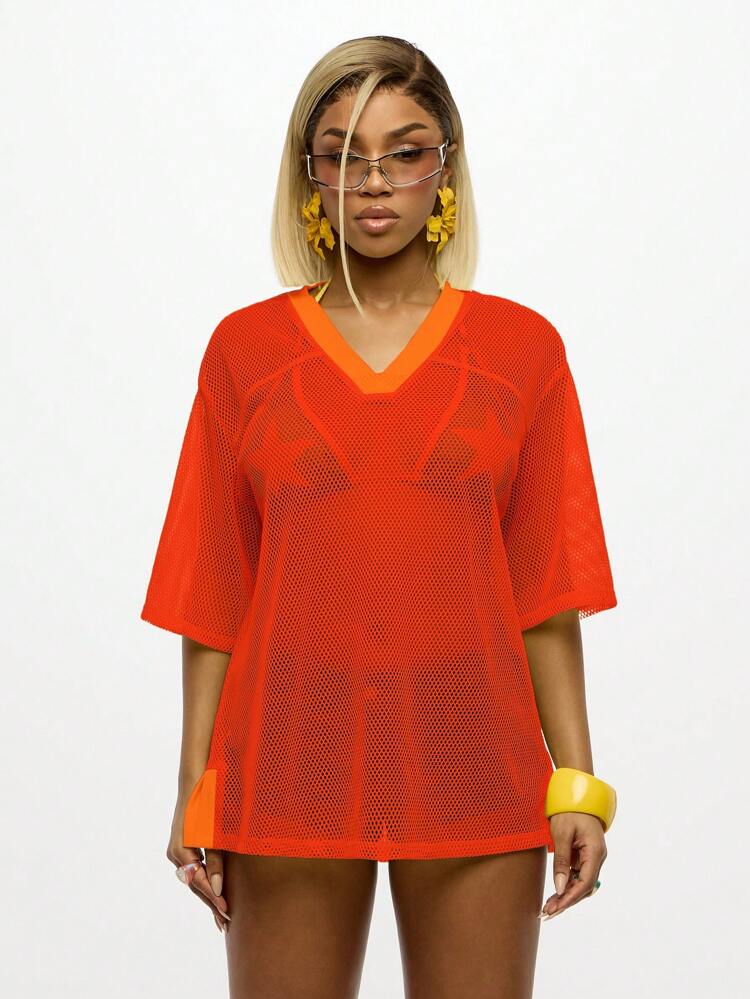 SUMWON WOMEN Oversized V-Neck Mesh Beachwear Cover Up