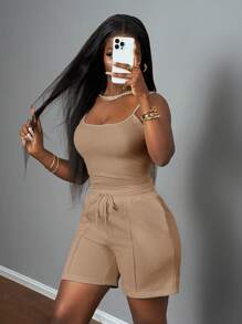 Slaydiva Bộ đồ thể thao cơ bản thường ngày mùa xuân hè mới, áo gile cổ chữ U có dây đeo + quần dài đến đầu gối với họa tiết răng cưa, quần nỉ trang trí màu trắng dành cho nữ, bộ hai mảnh cỡ lớn, bộ quần short hai mảnh cỡ lớn, trang phục mùa hè cỡ lớn cho nữ, bộ quần short màu be hai mảnh, trang phục quần short hai mảnh. - Màu Khaki - Xem 6