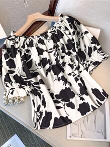 GlowEve CURVE A Plus-Size Elegant Printed One-Shoulder Summer Short-Sleeved Shirt For Ladies - Black and White - View 1