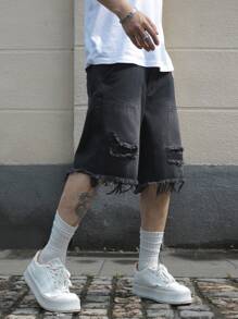 Manfinity EMRG Quần short denim nam dáng rộng dài đến đầu gối, có túi, gấu quần rách, kiểu dáng thoải mái. - màu đen - Xem 5