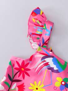 2pcs/Set Tween Girls Casual Mexican Girl Print Bowknot Cap Sleeve Top & Floral Pattern Flare Skirt Outfit - Multicolor - View 3