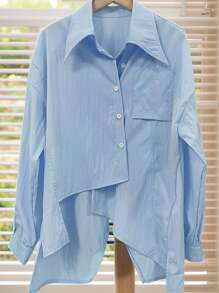 SHEIN EZwear Áo sơ mi tay dài rộng thùng thình màu trơn đơn giản không đối xứng cho nữ cỡ lớn - Màu xanh lam - Xem 4