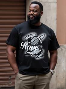 Manfinity Homme 大码男士夏季字母印花圆领短袖休闲T恤 - 黑色 - 查看 3