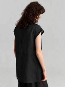 Ontre Women's Casual Black Blazer: Thigh-Length Cap Sleeve Woven Fabric Jacket With Lapel Neckline And Pockets, Semi-Sheer And Perfect For Summer - Black - View 2