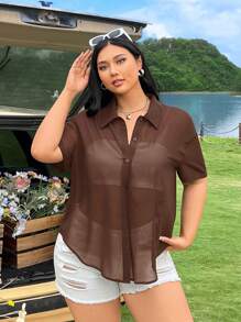 SHEIN EZwear Áo cánh tay ngắn mùa hè màu trơn cỡ lớn cài nút phía trước cho nữ - màu nâu - Xem 4