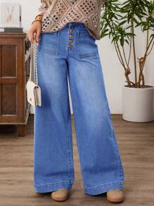 Selenza Quần Jeans Ống Rộng Nhiều Màu Trơn Có Túi Cài Nút Phía Trước Cho Nữ - Rửa trung bình - Xem 7