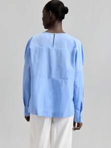 Ontre 2025 Autumn Solid Color Round Neck Casual Long Sleeve Shirt, Suitable For Holiday, Beach, Party, All-Match, Festival, Social, Women's Party, Versatile, Daily Commute, Music Festival, Business Casual, Office, School Wear - Blue - View 3