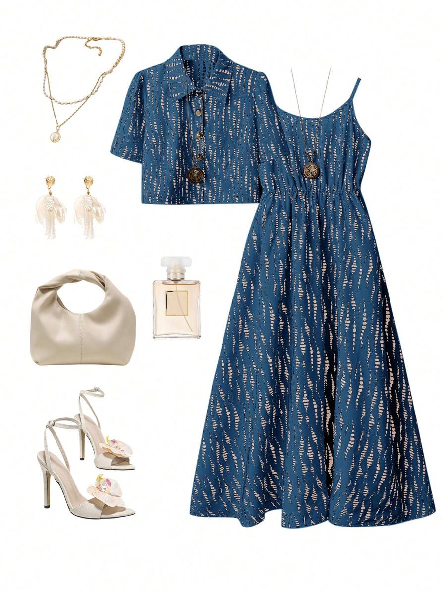 SHEIN Clasi 优雅领扣衬衫和修身印花腰部收紧 A 字长连衣裙夏季两件套，细肩带全印花连衣裙，荷叶边下摆超长度假海滩装女 - 藍色 - 查看 1