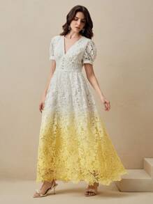 Anewsta Neues elegantes Kleid mit V-Ausschnitt, wasserlöslicher Spitze und Farbverlauf-Effekt, Sommerkleidung für Frauen, buttergelb