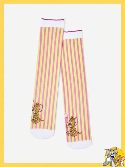 TOM & JERRY X SHEIN 1 par de calcetines de media caña para mujer con diseño lindo de dibujos animados y rayas