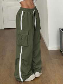 Coolane Women's Fall/Winter Back To School Streetwear Sport Basic Flap Pocket Side Drawstring Waist Parachute Grey Cargo Pants