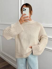 EURMUSE 女式纯色立领麻花针织细节袖落肩套头衫