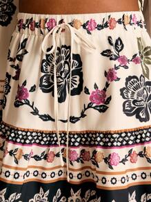 CAJUNI 女式波西米亚风复古热带花卉印花夏季假日休闲系腰荷叶边迷你裙，适合约会、野餐 - 彩色 - 查看 6