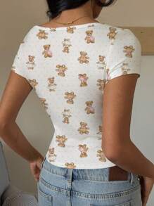 SHEIN EZwear Casual Polka Dot Bear Print Crew Neck Cap Sleeve Fitted Women T-Shirt, Suitable For Summer Pullover Suitable For Going Out - Multicolor - View 2