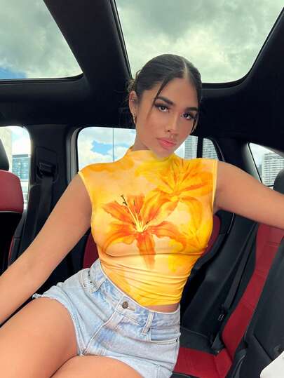 SHEIN SXY Floral Print Casual Asymmetric Women T-Shirt, Suitable For Summer Vacation