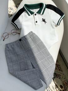 TaviRue 2 件套男婴可爱都市校园休闲短袖 Polo 衫和松紧腰格子裤套装，适合生日派对、晚会、表演、婚礼、迎婴派对、洗礼、1 岁生日