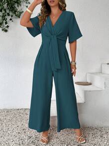 Celure Macacão plus size de cor sólida, casual, vintage, com decote em V e amarração frontal