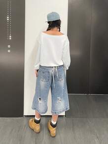 SHEIN 少女休闲舒适不对称领星形印花长袖卫衣 - 白色 - 查看 9