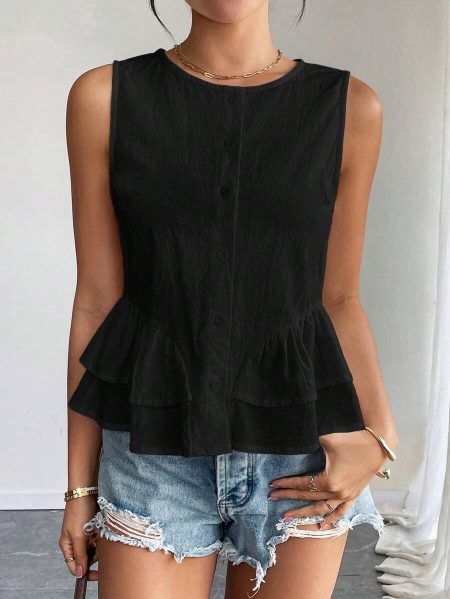 SHEIN Raffinéa Sleeveless Cotton Solid Color Crew Neck Shirt With Ruffle Hem - Black - View 1