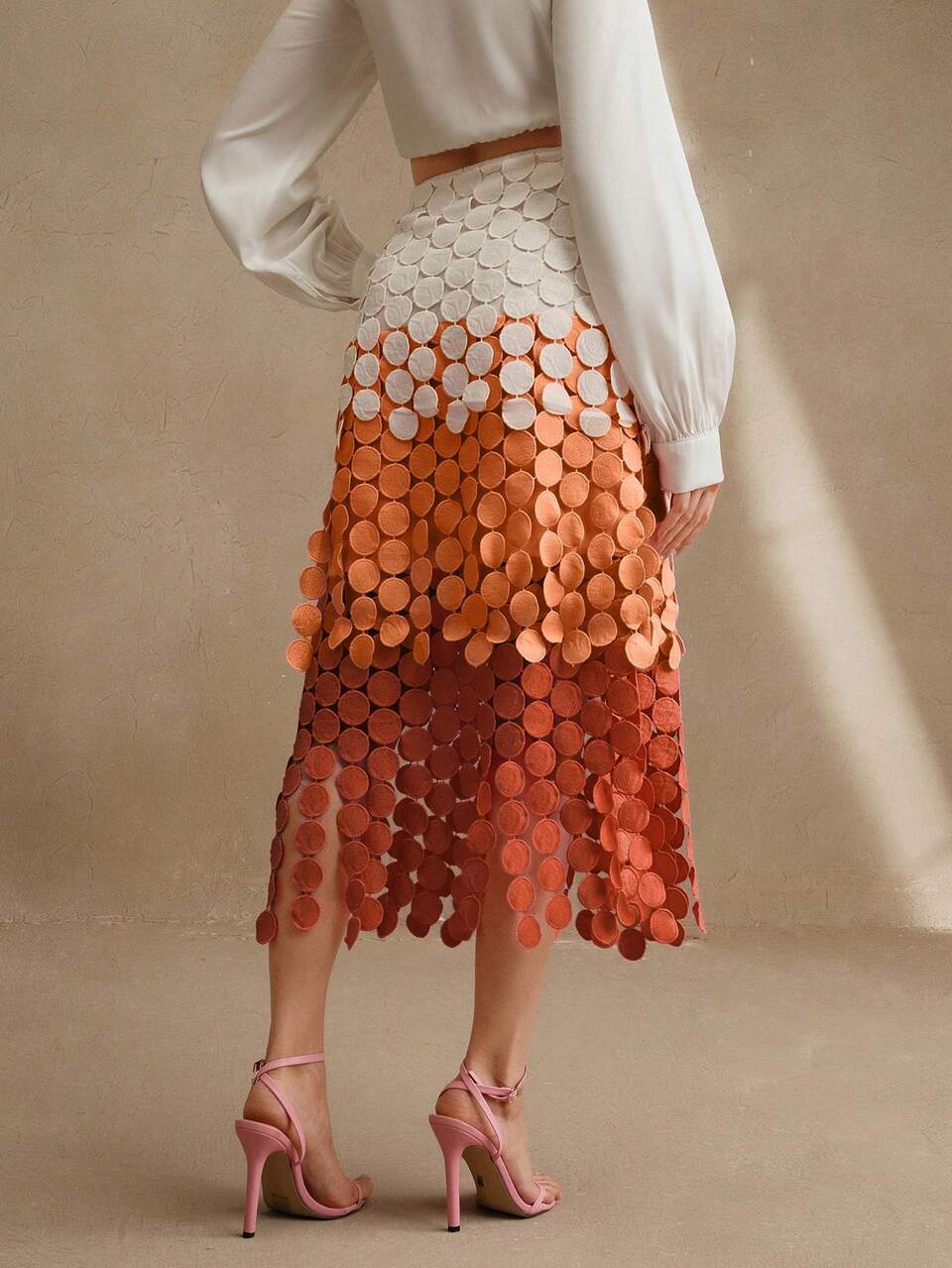 Elegant Hollow Embroidery High Waist Orange Fringe Skirt, Loose Flowy Summer Skirt For Women, Festival