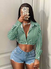 BamGleam 绿色条纹印花纽扣前短款性感长袖衬衫 - 綠色 - 查看 4