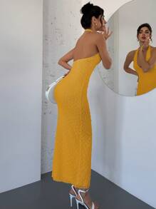 SHEIN Privé 情人节新款优雅浪漫约会无袖V领纹理杏色修腰修身连衣裙，春夏 - 黃色 - 查看 2