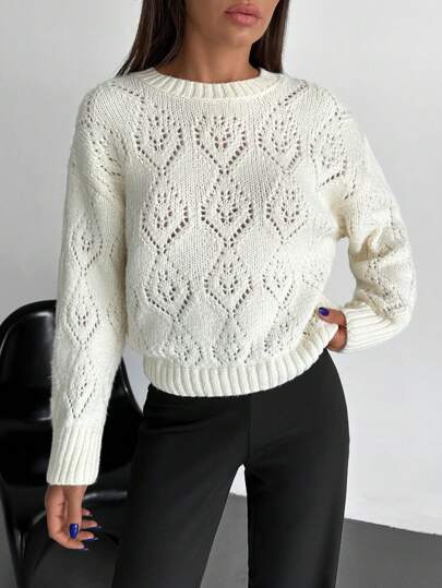 EURMUSE Oversized Boho-kanten gebreide trui met elegante patronen in zacht crème