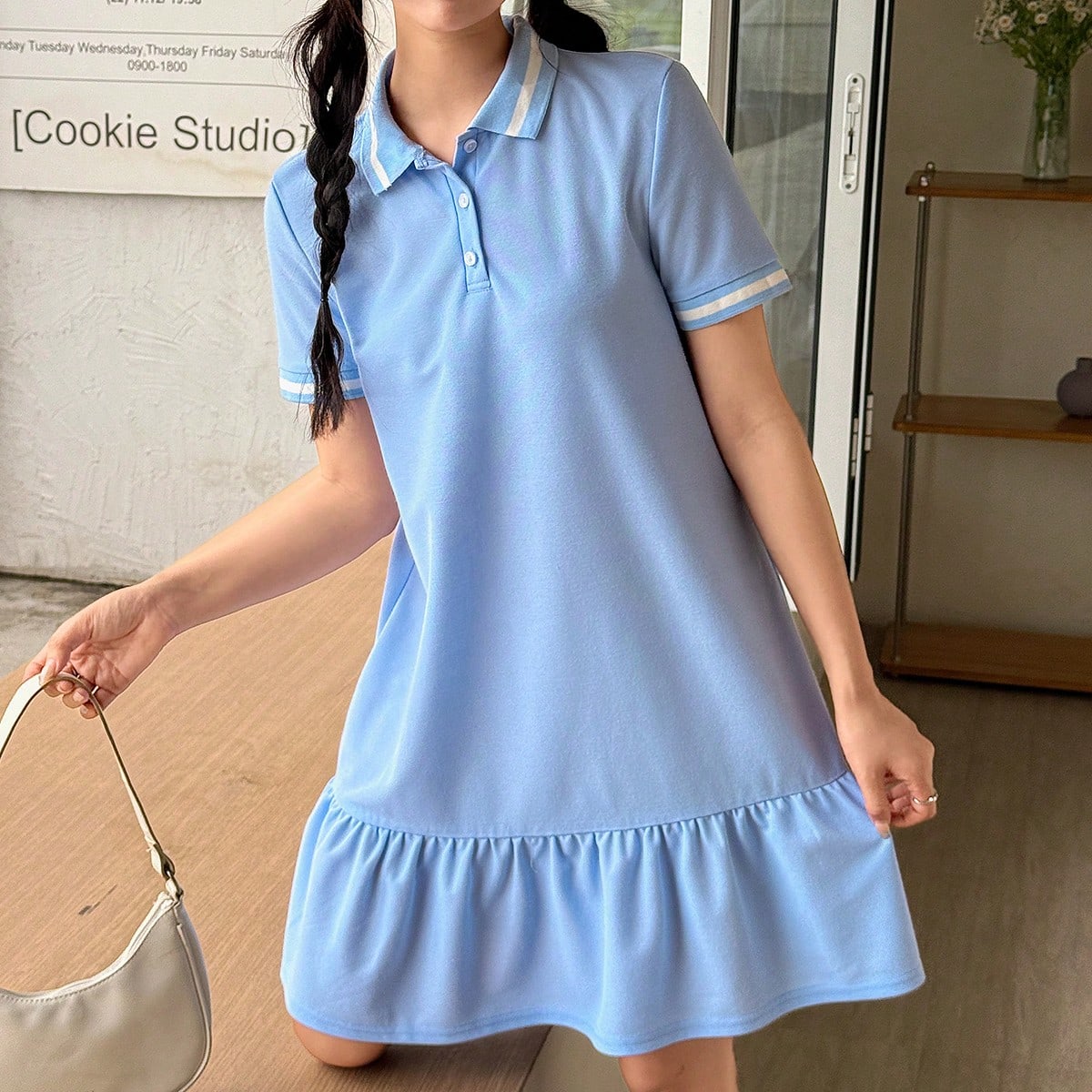 Vestido casual y cómodo para adolescentes de cuello alto con contraste de punto de canalé, vestido azul de estilo universitario