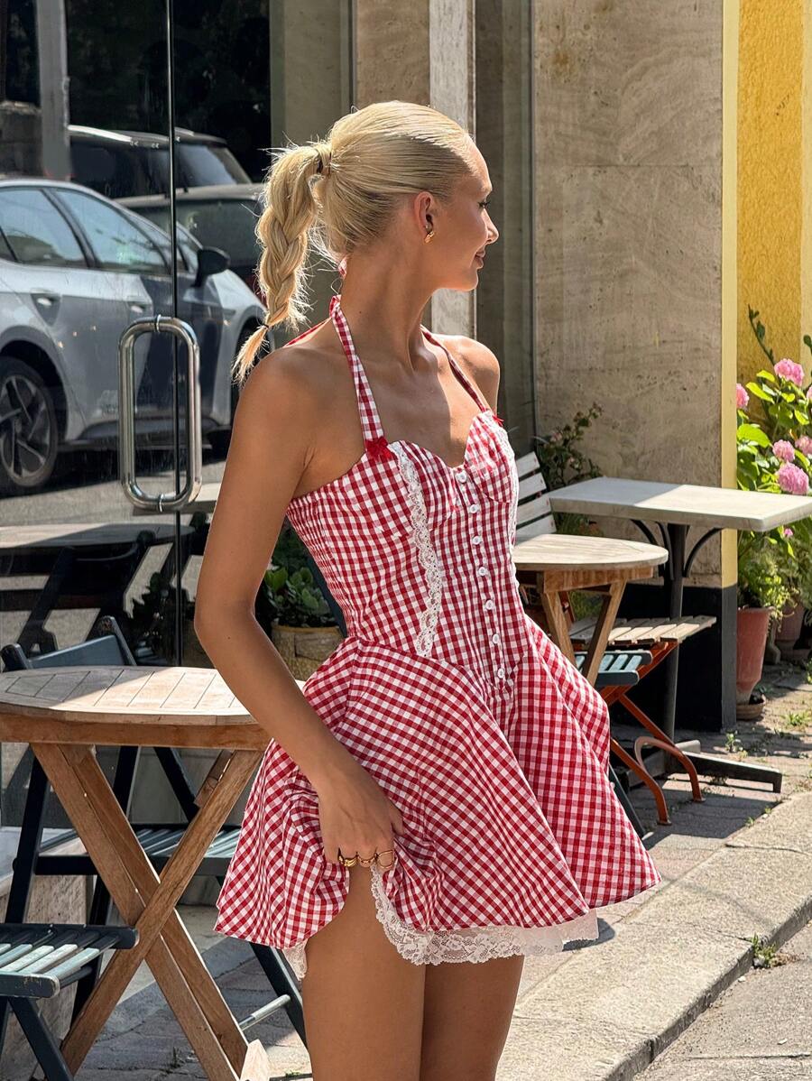 SHEIN ICON 女士夏季撞色蕾丝纽扣领格子连衣裙，适合7月4日美国独立日和返校季穿着 - 紅色 - 查看 1