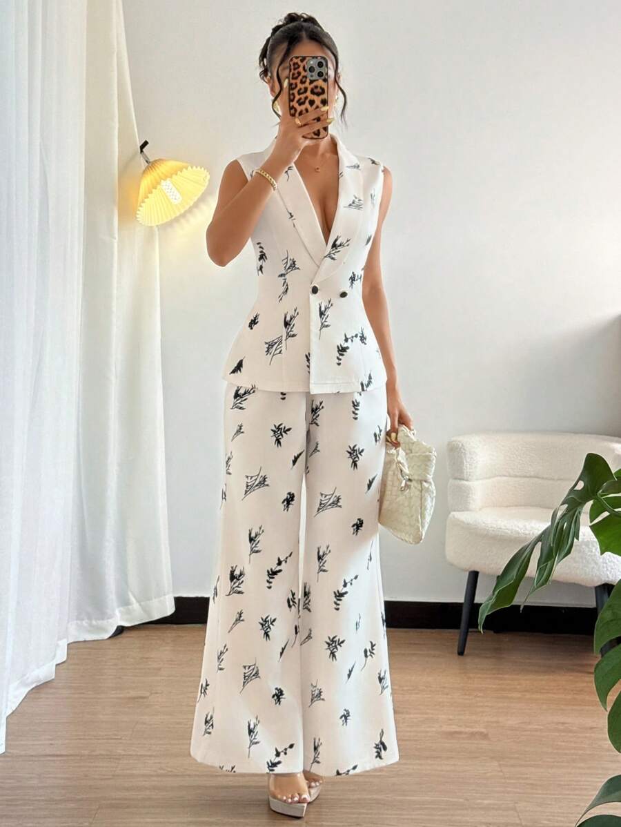 Rafferiza ChicEase 女士数码印花无袖宽松阔腿裤和西装外套套装，休闲工作装 - 杏色 - 查看 1