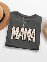 Camiseta casual de mujer de manga corta con estampado gráfico en inglés, cuello redondo ajuste regular para uso diario en primavera/verano