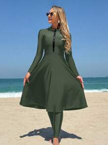 Swim Mulvari Women's Solid Color Zip-Up Long Sleeve Top And Pants Burkini Set For Summer Beach Vacation