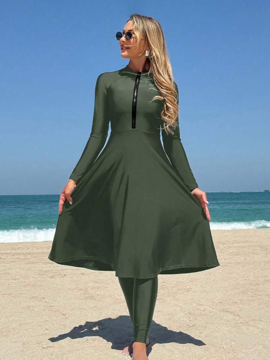 Swim Mulvari Women's Solid Color Zip-Up Long Sleeve Top And Pants Burkini Set For Summer Beach Vacation